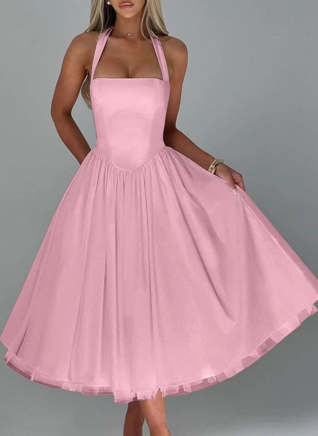Pure Color Halter Waist Girdle Tulle Tutu Dress