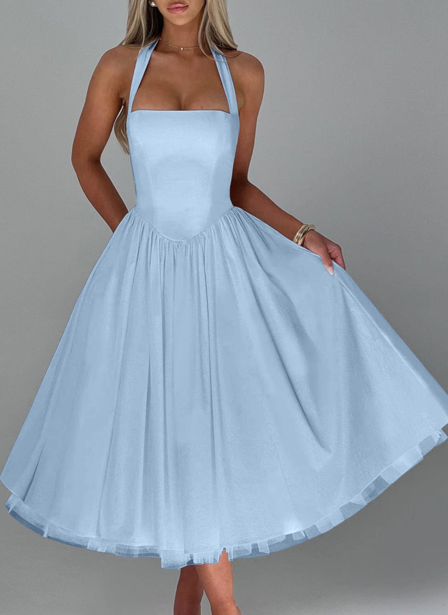 Pure Color Halter Waist Girdle Tulle Tutu Dress