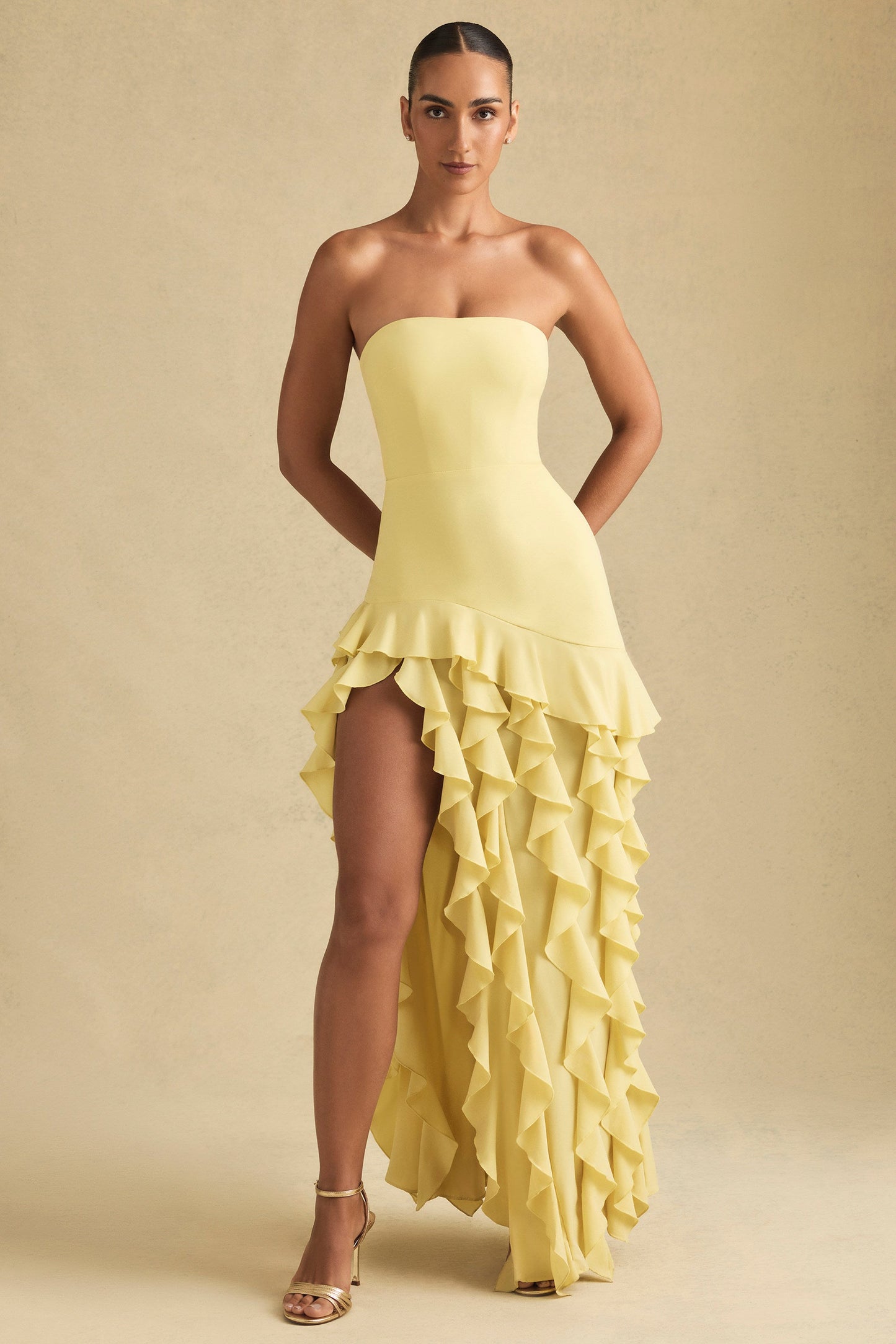 Ruffle-Trim Strapless Gown in Pastel Yellow