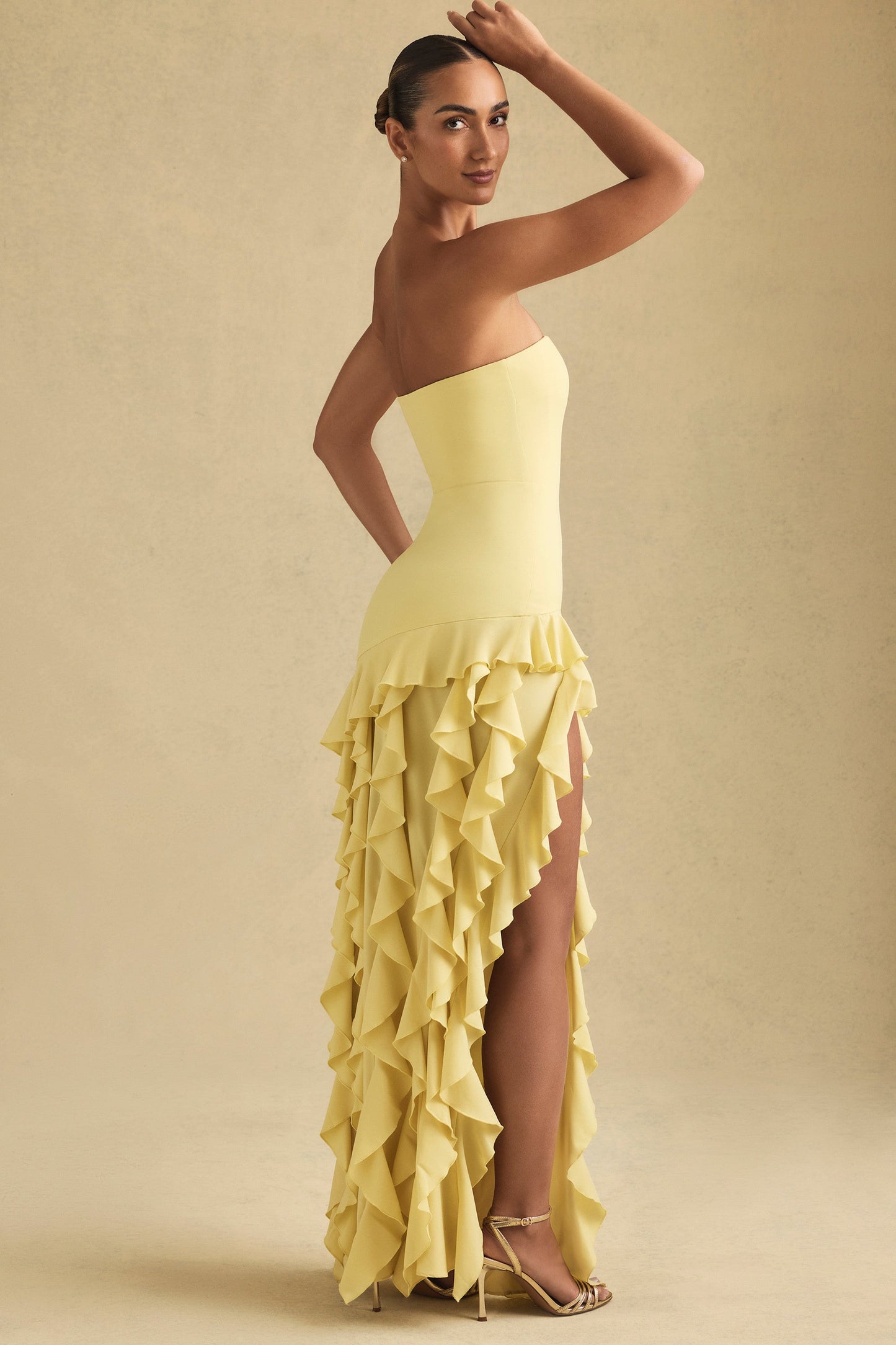 Ruffle-Trim Strapless Gown in Pastel Yellow