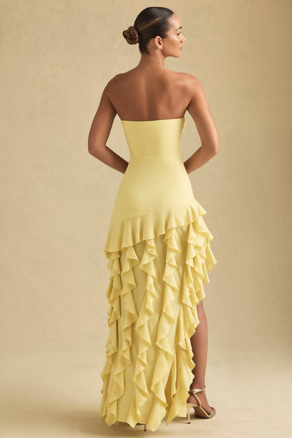 Ruffle-Trim Strapless Gown in Pastel Yellow