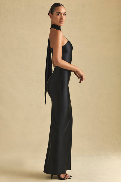Asymmetric Scarf-Detail Maxi Dress in Black